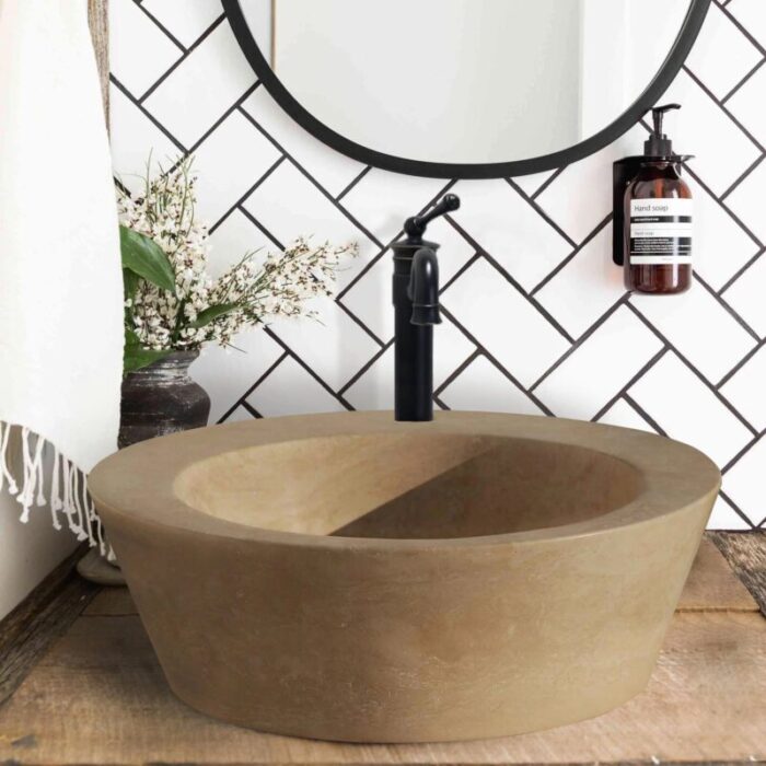 Troia Light Travertine vessel stone sink matte honed filled bathroom view