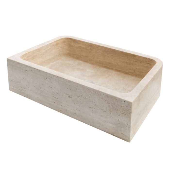 Troia Light travertine rectangular farm sink honed NTRSTC47 W18 L27.5 H7 back angle view