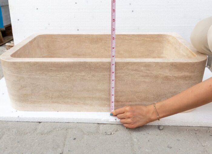 Troia Light travertine rectangular farm sink honed NTRSTC47 W18 L27.5 H7 height measure view