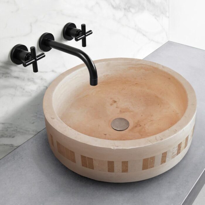 Troia light travertine cylinder sink NTRVS39 D16 H6 bathroom angle view