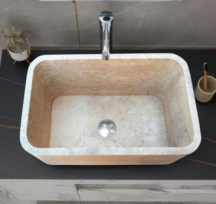 Troia light travertine farm sink NTRSTC13 W18 L30 H10 bathroom view