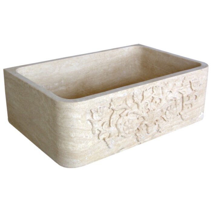 Troia light travertine farmhouse handcarved vine design apron kitchen sink w18 l30 h10 SPTLTF13 product shot angle view