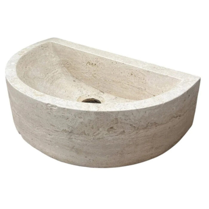 Troia light travertine half round wall mount bathroom sink W10 L 16 H6 Honed angle view