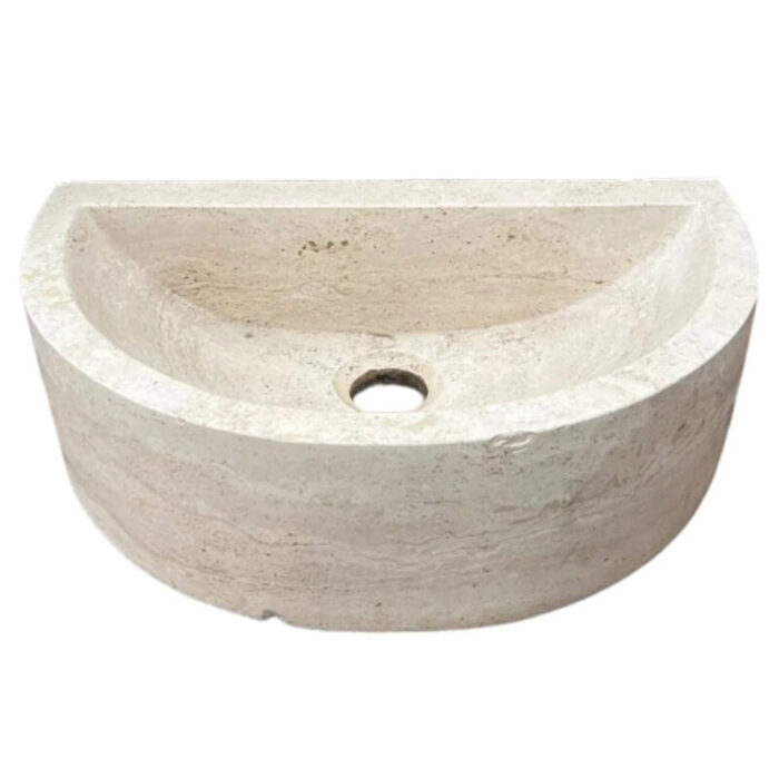 Troia light travertine half round wall mount bathroom sink W10 L 16 H6 Honed side view