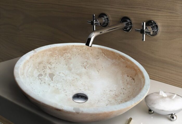 Troia light travertine oval vessel sink NTRSTC06 W16 L21 H6 bathroom view