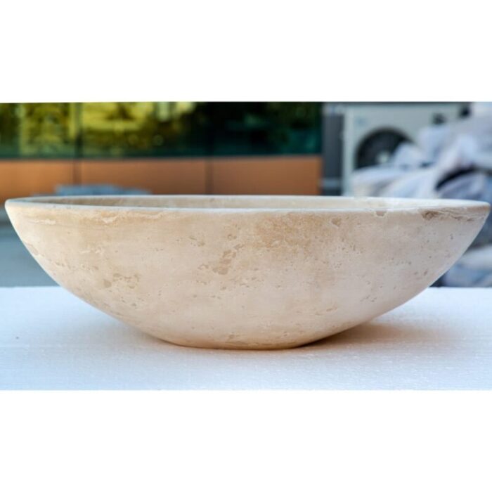 Troia light travertine oval vessel sink NTRSTC06 W16 L21 H6 side view