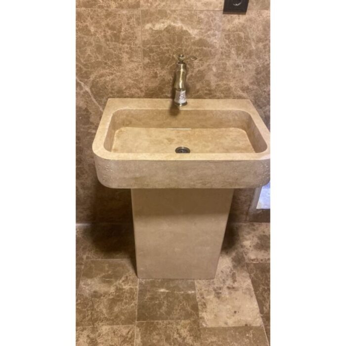 Troia light travertine pedestal honed filled bathroom view