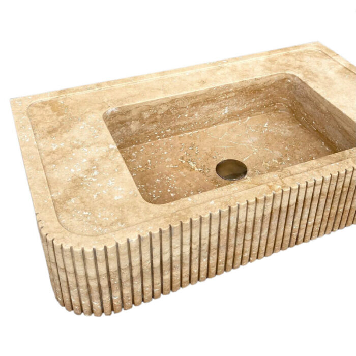 Tuscany walnut wall mount bathroom vanity sink 18x28x6 ribbed textured front honed filled edge view