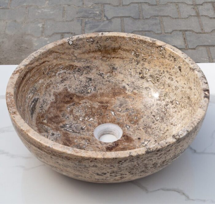 Valencia travertine vessel sink filled polished EGEVUMP166 D 16 H6 angle view