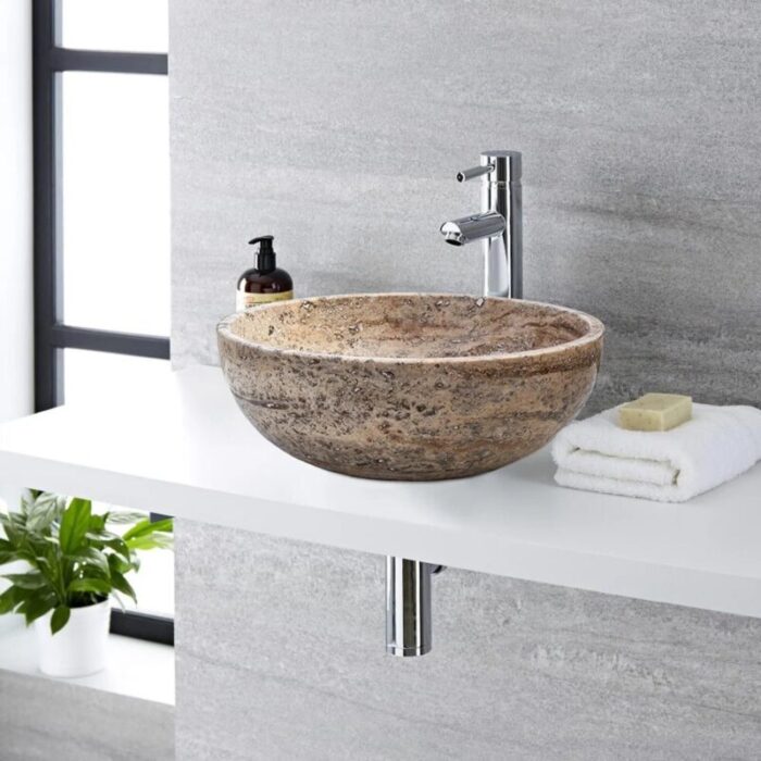 Valencia travertine vessel sink filled polished EGEVUMP166 D 16 H6 angle view.webp