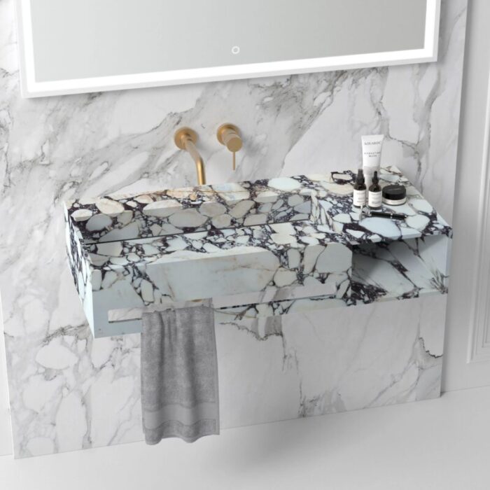 Viola Marble Designer Vanity Wall mount Rectangular Sink W 18 L 60 H 12 built in towel holder and storage area installed bathroom