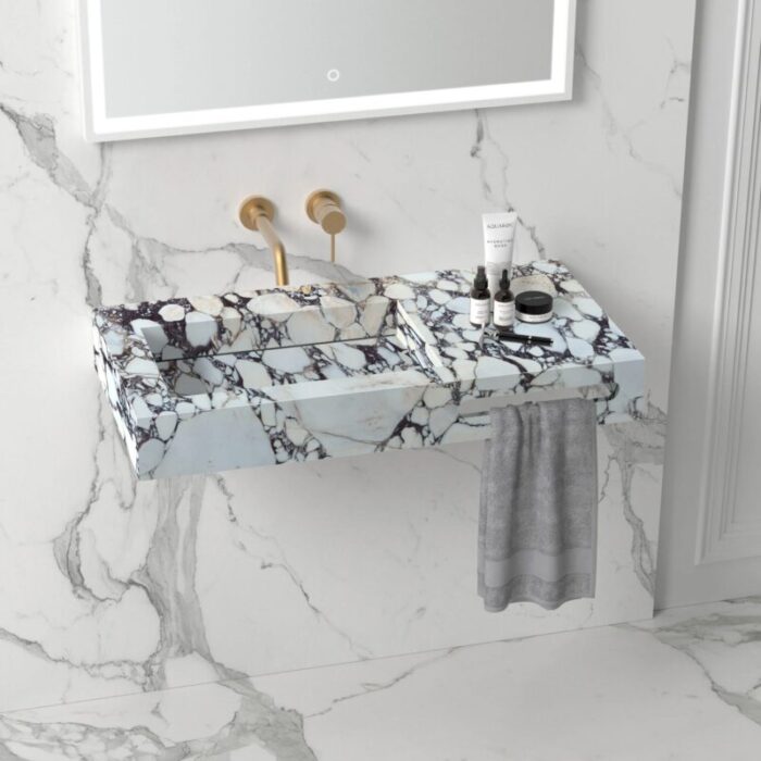 Viola Marble Designer Vanity Wall mount Rectangular Sink W 18 L 60 H 8 built in towel holder installed bathroom