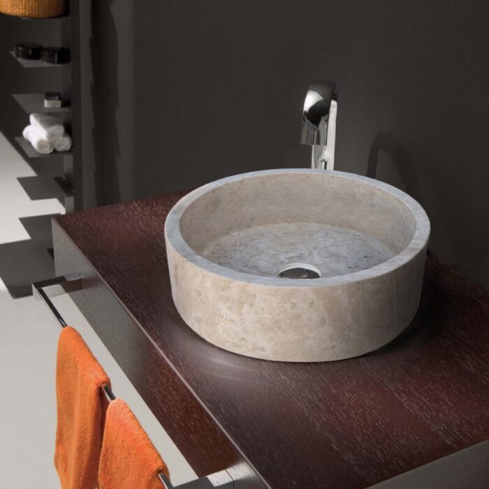 beige travertine vessel sink d16 h6 TMS6 bathroom view