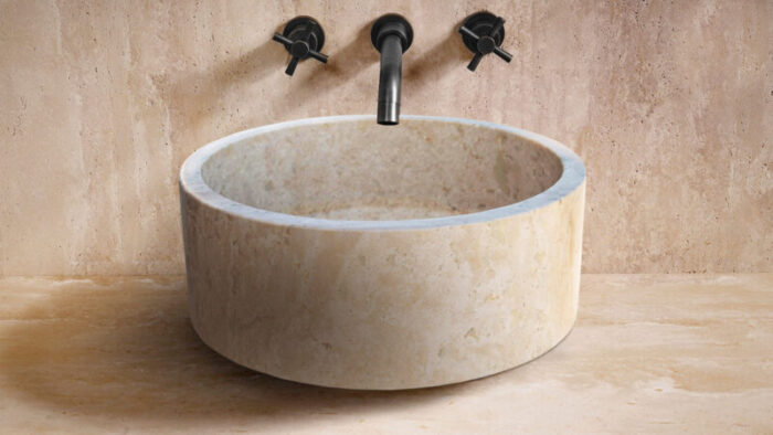 beige travertine vessel sink d16 h6 TMS6 bathroom view2