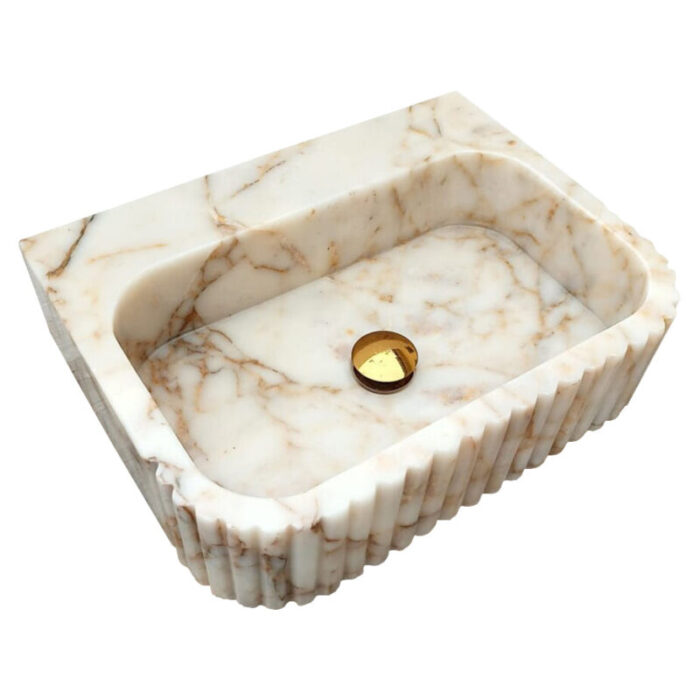 calacatta gold marble rectangular wall mount bathroom vanity sink fluted front W16 L20 H6 angle view