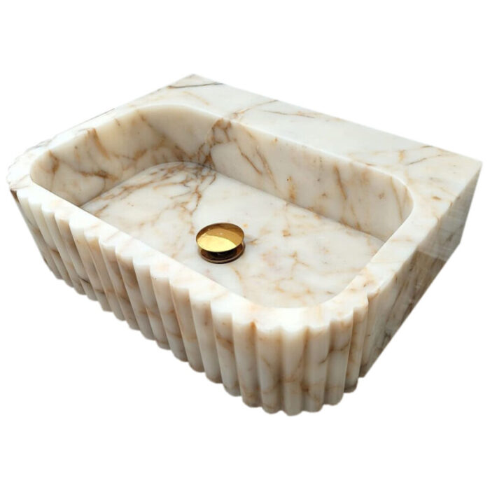 calacatta gold marble rectangular wall mount bathroom vanity sink fluted front W16 L20 H6 angle view2