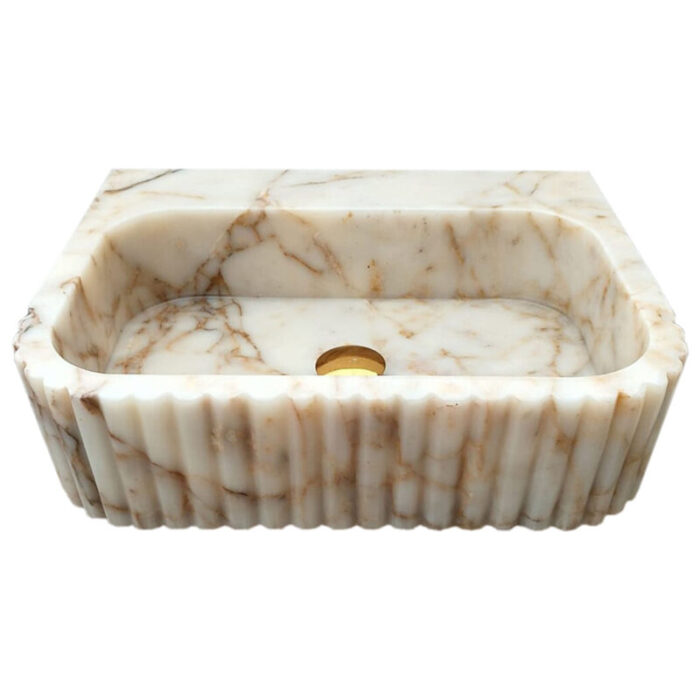 calacatta gold marble rectangular wall mount bathroom vanity sink fluted front W16 L20 H6 front view