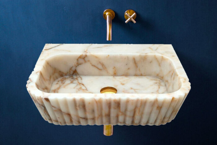 calacatta gold marble rectangular wall mount bathroom vanity sink fluted front W16 L20 H6 roomscene