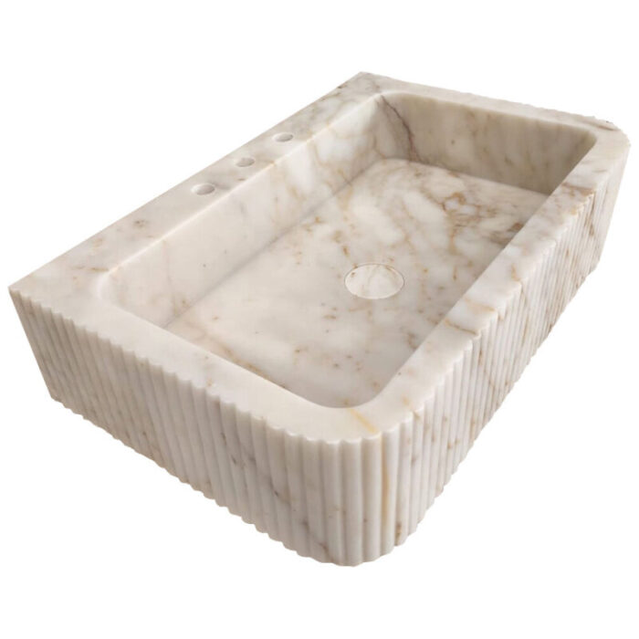 calacatta gold marble rectangular wall mount bathroom vanity sink fluted front edges W18 L30 H8 angle view