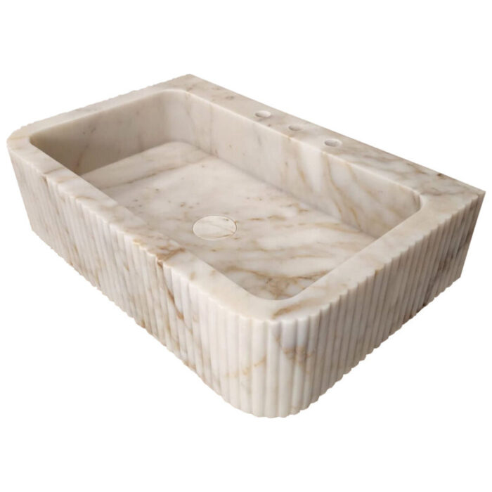 calacatta gold marble rectangular wall mount bathroom vanity sink fluted front edges W18 L30 H8 angle view2