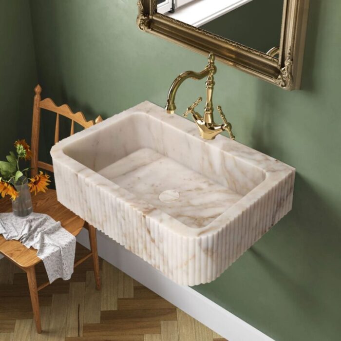 calacatta gold marble rectangular wall mount bathroom vanity sink fluted front edges W18 L30 H8 roomscene