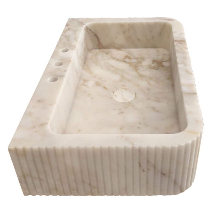 calacatta gold marble rectangular wall mount bathroom vanity sink fluted front edges W18 L30 H8 side view