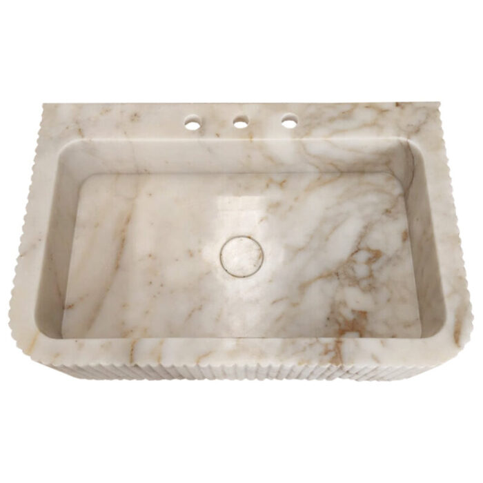 calacatta gold marble rectangular wall mount bathroom vanity sink fluted front edges W18 L30 H8 top view