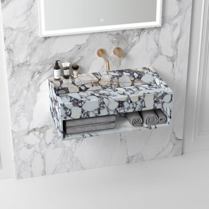 calacatta viola bathroom rectangular vanity sink W18 L40 H10 hidden drain storage area wall mounted gray hand towel gold faucet