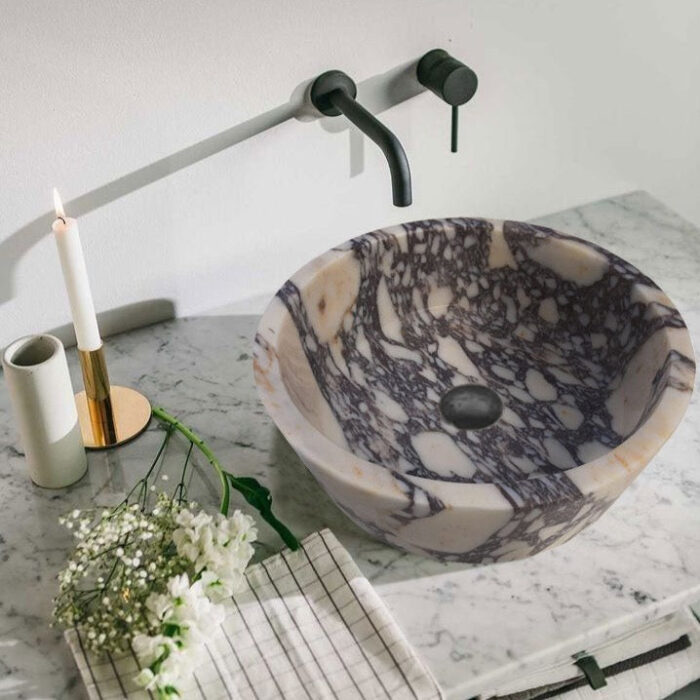 calacatta viola marble vessel sink tapered D16 H6 polished roomscene e6a6940d b794 483c b01f 5ed680eb687c