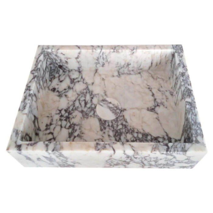 calacatta viola marble wall mount vanity sink W14 L18 H5 hidden drain matte drain cap angle view