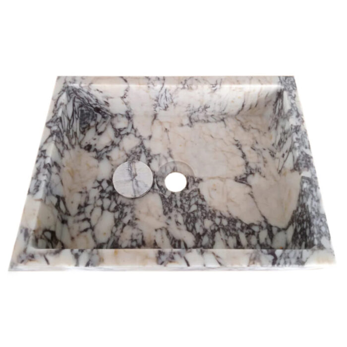 calacatta viola marble wall mount vanity sink W14 L18 H5 hidden drain matte drain cap angle view cap removed