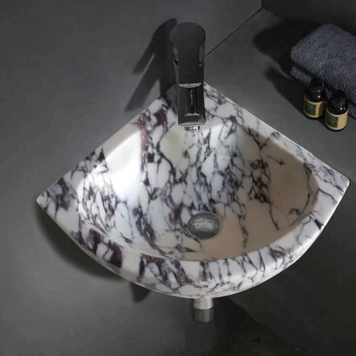 calacatta viola white marble wall mount corner bathroom vanity sink ribbed W12 L12 H6 polished installed bathroom2