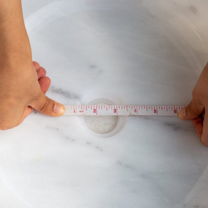 carrara white marble round over counter vessel sink YEDSIM11 D17 H6 drain hole measure view