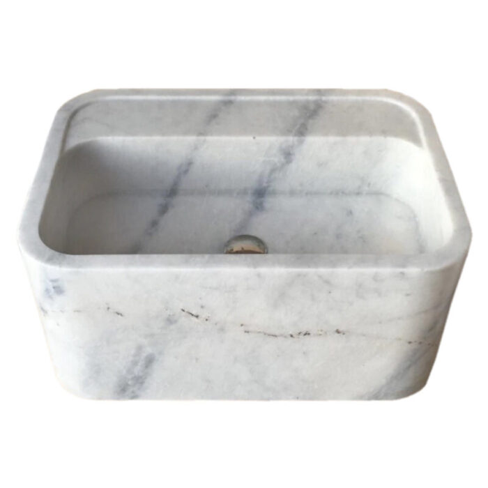 carrara white marble wall mount bathroom vanity sink W16 L24 H12 polished angle front view