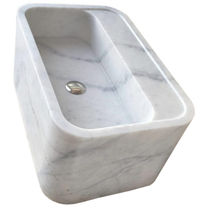 carrara white marble wall mount bathroom vanity sink W16 L24 H12 polished angle view