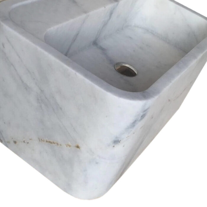 carrara white marble wall mount bathroom vanity sink W16 L24 H12 polished profile closeup view