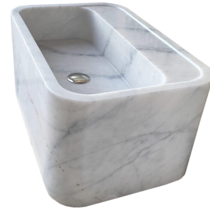 carrara white marble wall mount bathroom vanity sink W16 L24 H12 polished profile view