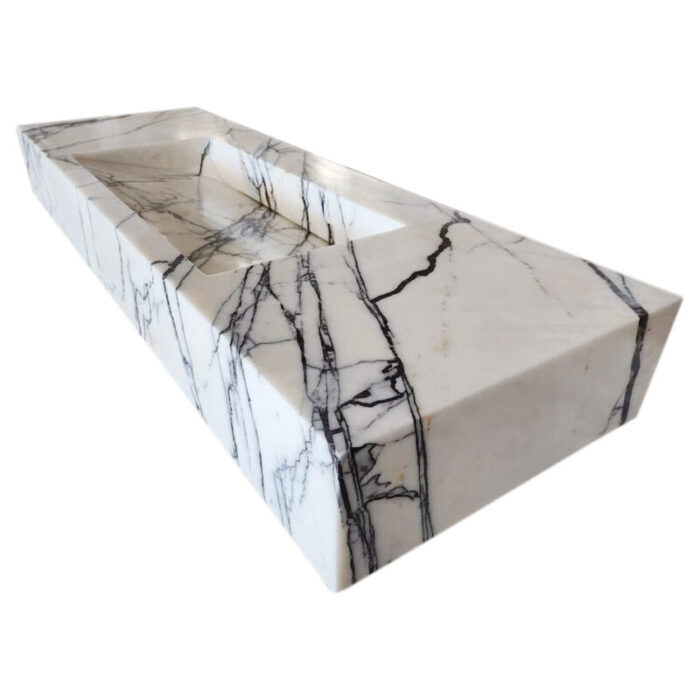 new york white marble rectangular wall mount bathroom vanity sink hidden drain W16 L33 H6 angle view4