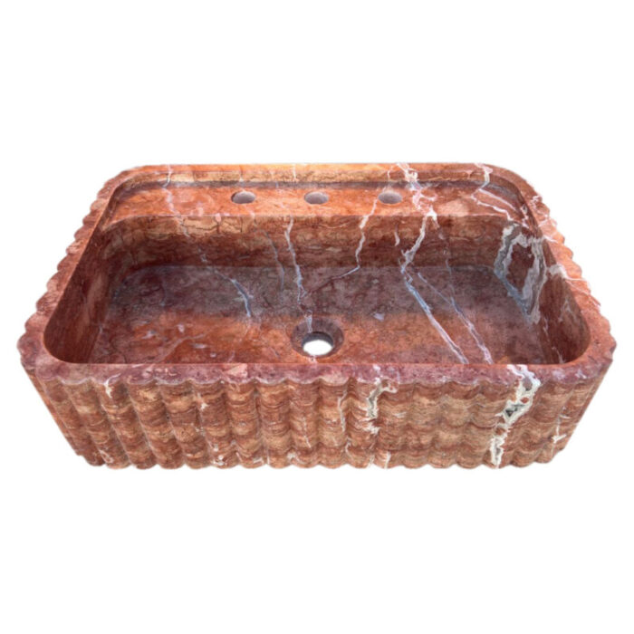 red travertine wall mount bathroom sink ribbed front edges W16 L24 H6 front view