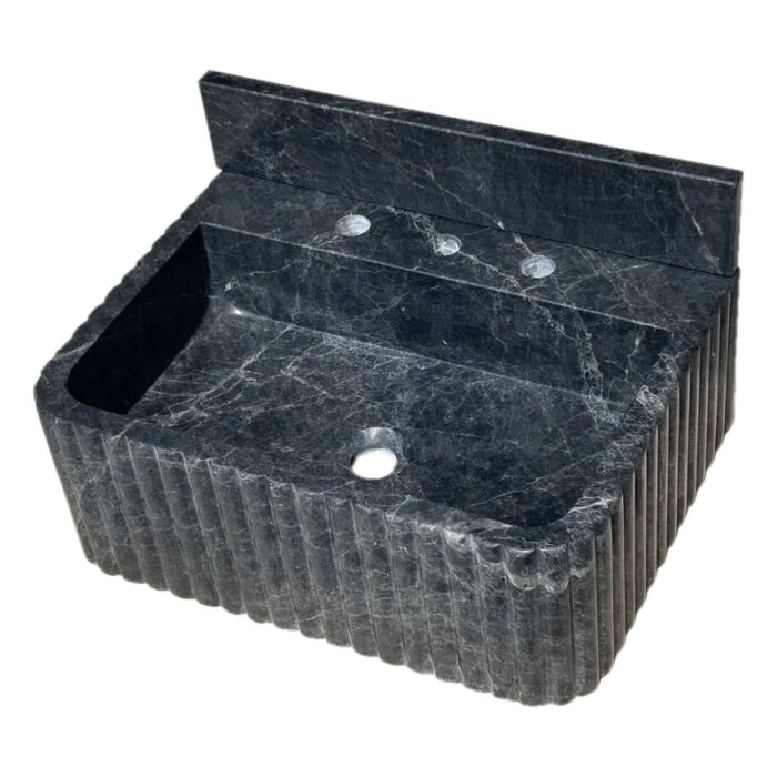 sirius black marble wall mount bathroom vanity sink 4inch backsplash ribbed front sides W16 L20 H8 honed angle view2