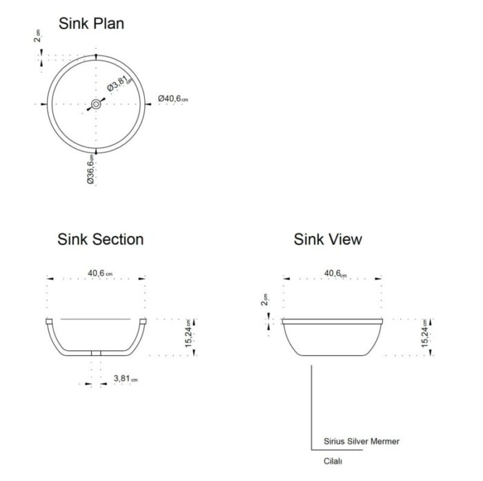 sirius silver marble vessel sink TMS15 technical drawing