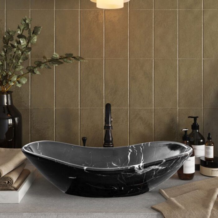 toros black marble gondola design above vanity bathroom sink W14 L24 H7 polished roomscene