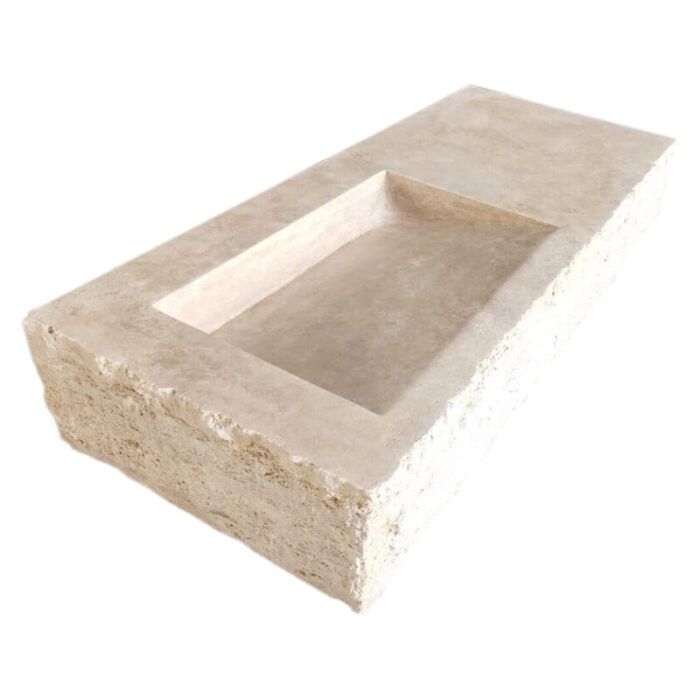 troia light beige travertine rectangular wall mount bathroom vanity sink split face front edges hidden drain honed W16 L36 H10 angle view