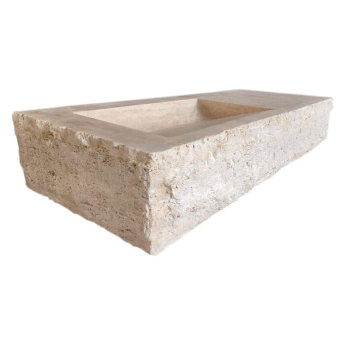 troia light beige travertine rectangular wall mount bathroom vanity sink split face front edges hidden drain honed W16 L36 H10 profile view