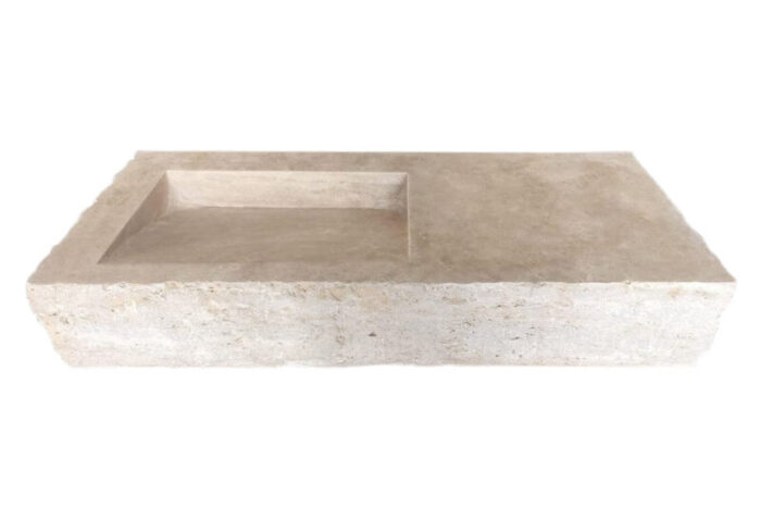 troia light beige travertine rectangular wall mount bathroom vanity sink split face front edges hidden drain honed W16 L36 H10 side view