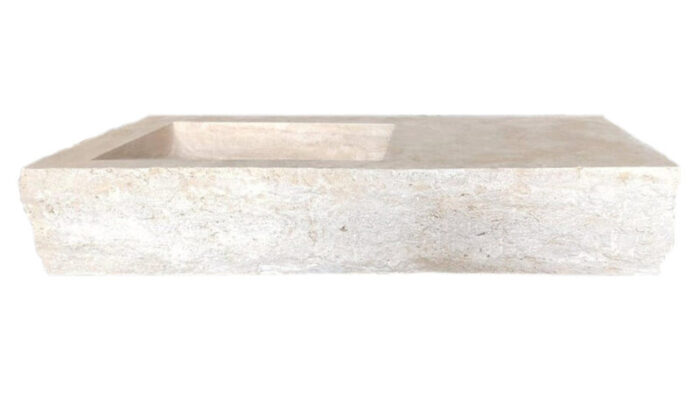 troia light beige travertine rectangular wall mount bathroom vanity sink split face front edges hidden drain honed W16 L36 H10 side view2