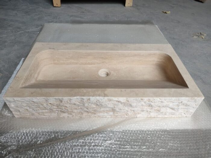 troia light travertine bathroom vanity sink W16xL30xH5 honed split face front1