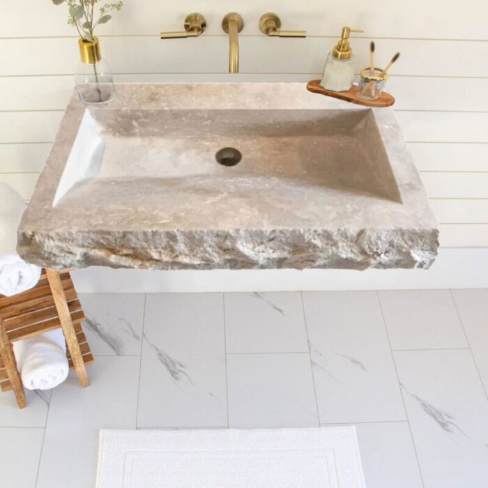 troia light travertine bathroom vanity sink W16xL30xH5 honed split face roomscene